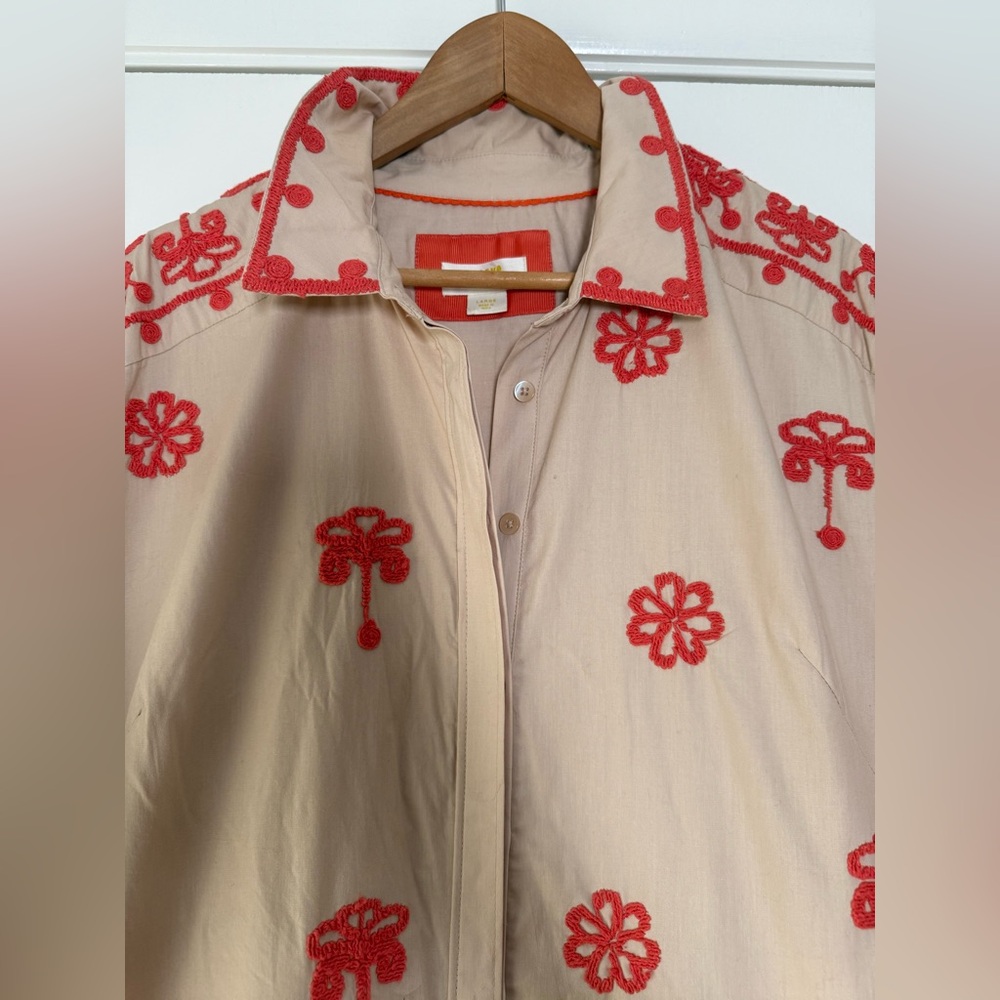Maeve Anthropologie Embroidered Shirt Dress Utility Safari Style Tan Coral Large - Picture 7 of 15